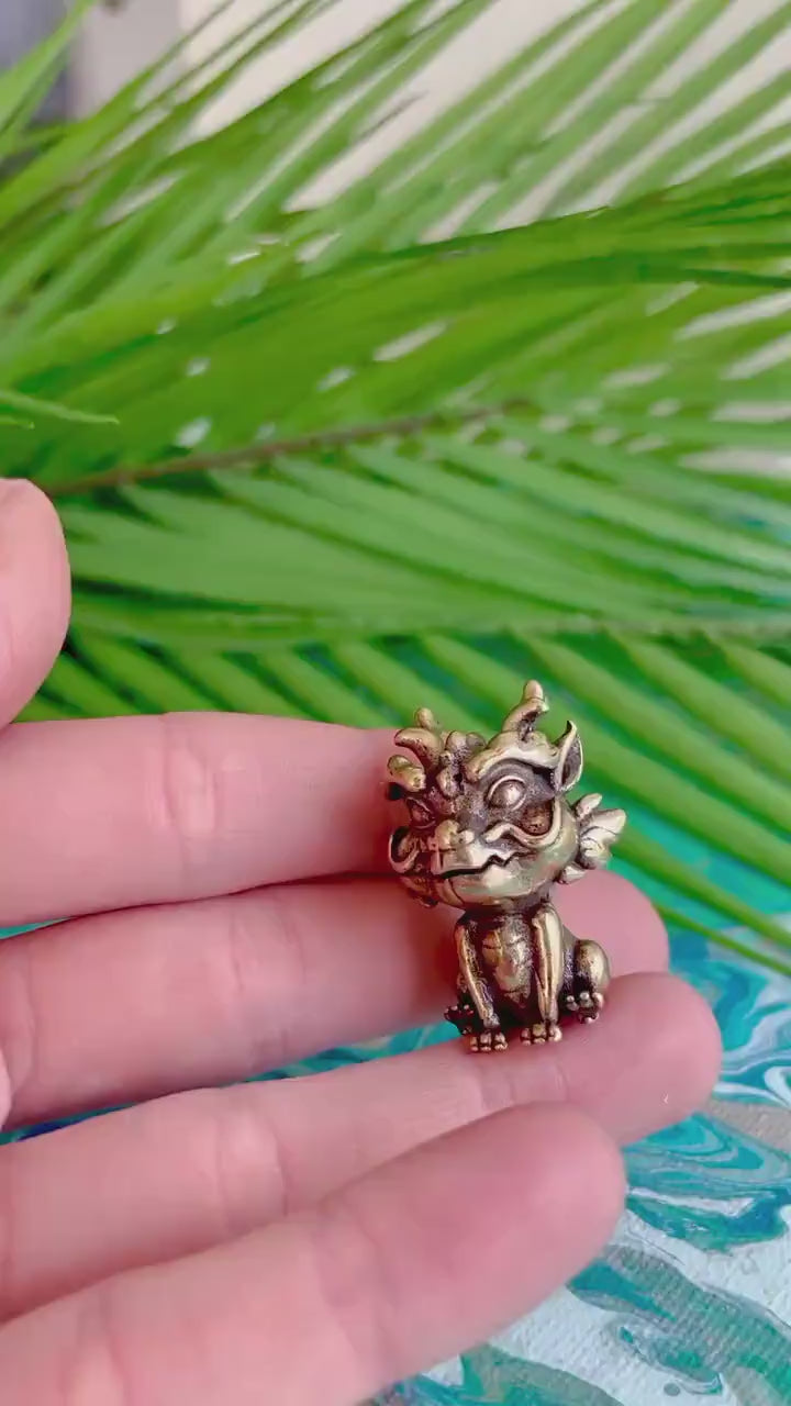 Cute Solid brass baby FOO Dog Guardian figurine, baby dragon miniature, Fengshui Fu Dog Figures