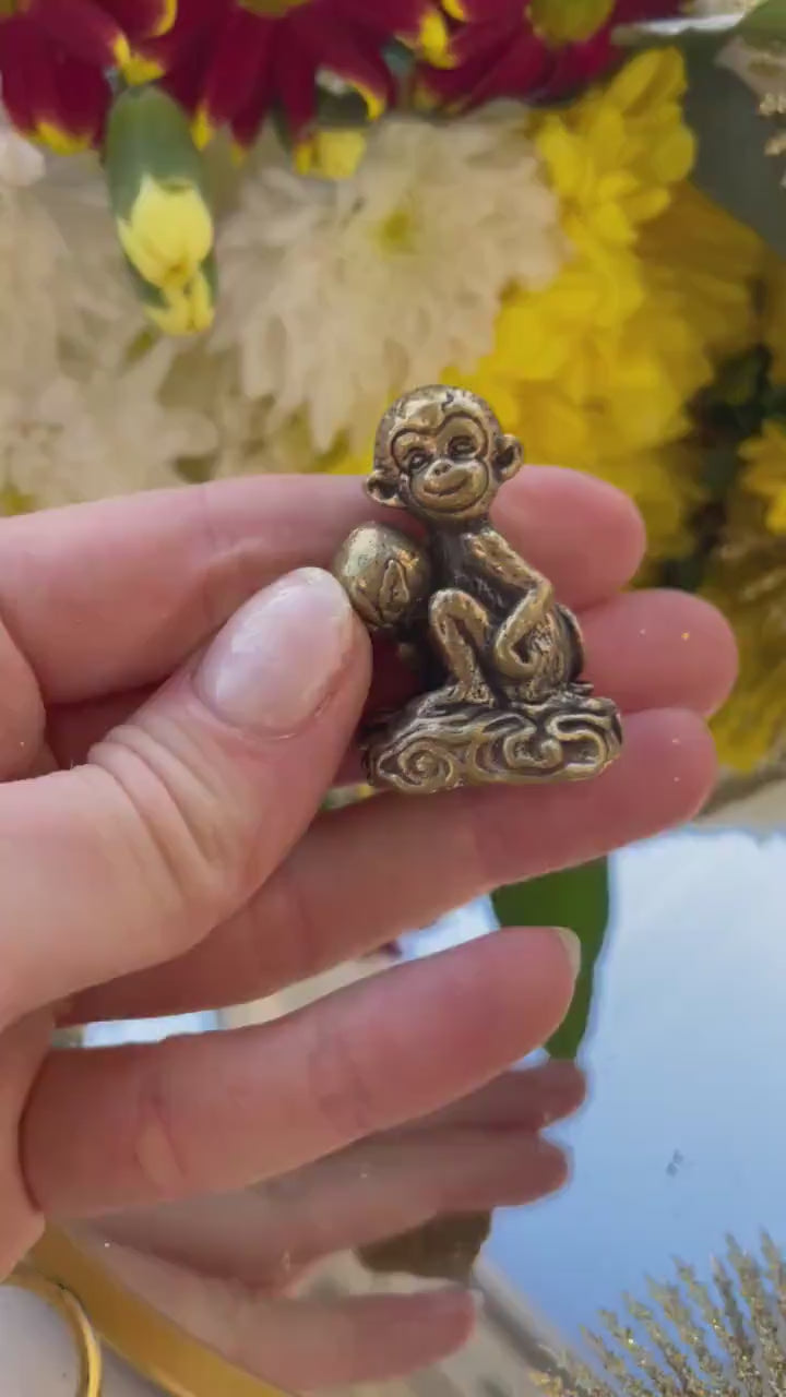 Cheeky Monkey with a peach, macaque figures, Metal Monkey Figurine, Tabletop decoration,  Monkey Sitting Peach miniature
