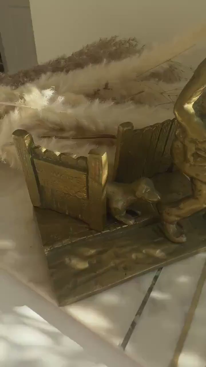 Vintage Brass Doorstop “Beware of the Dog” with Postman and Dog Scene – Humorous Figurine – Mid-Century Cast Brass Sculpture