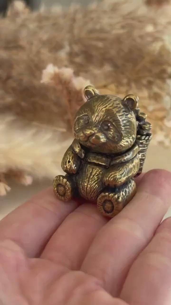 Endearing Baby Panda With a Bamboo Basket  figurine, Solid brass adorable panda miniature, Panda with Bamboo sculpture, panda paperweight