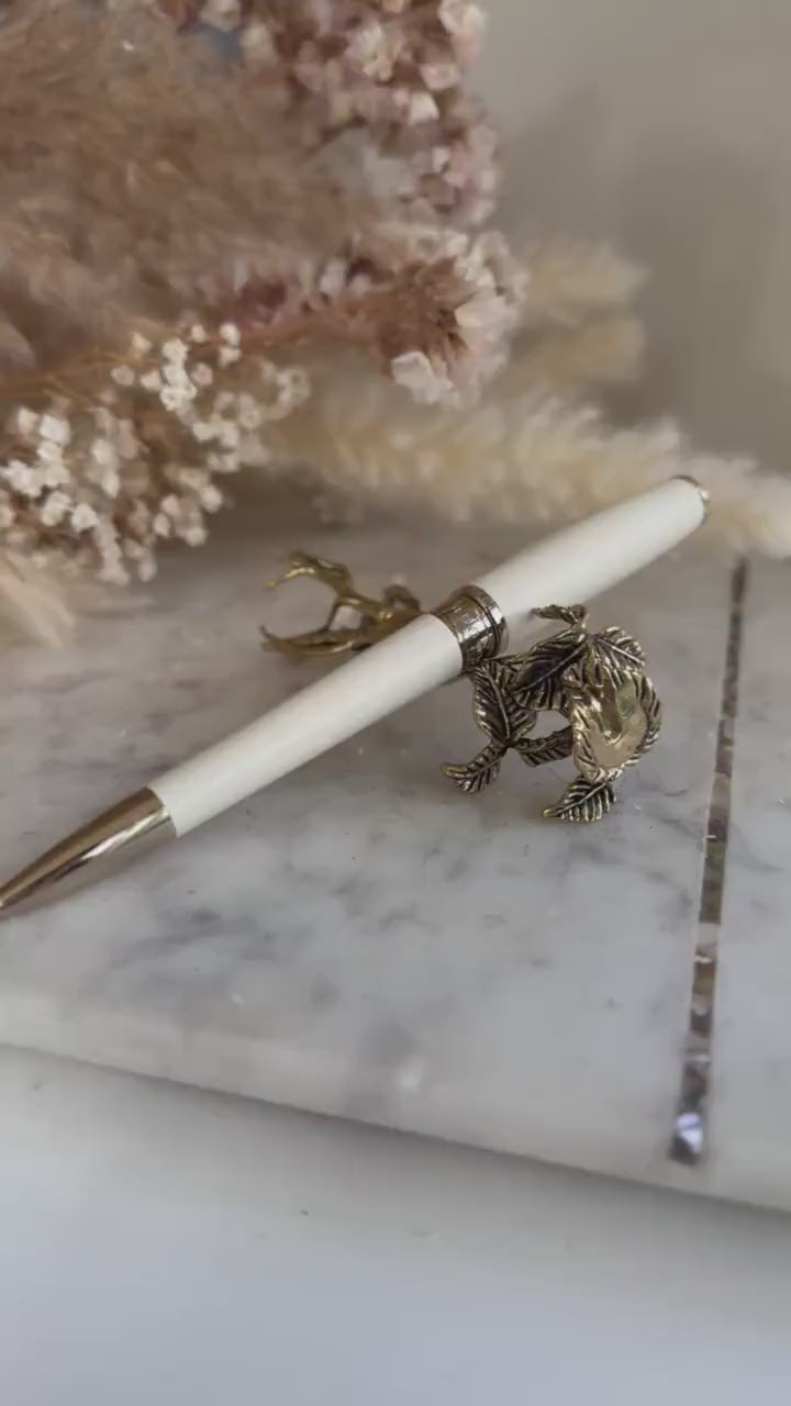 Brass Ginseng Root Fountain Pen Holder and Decorative Desk Ornament - Unique Herbal Sculpture