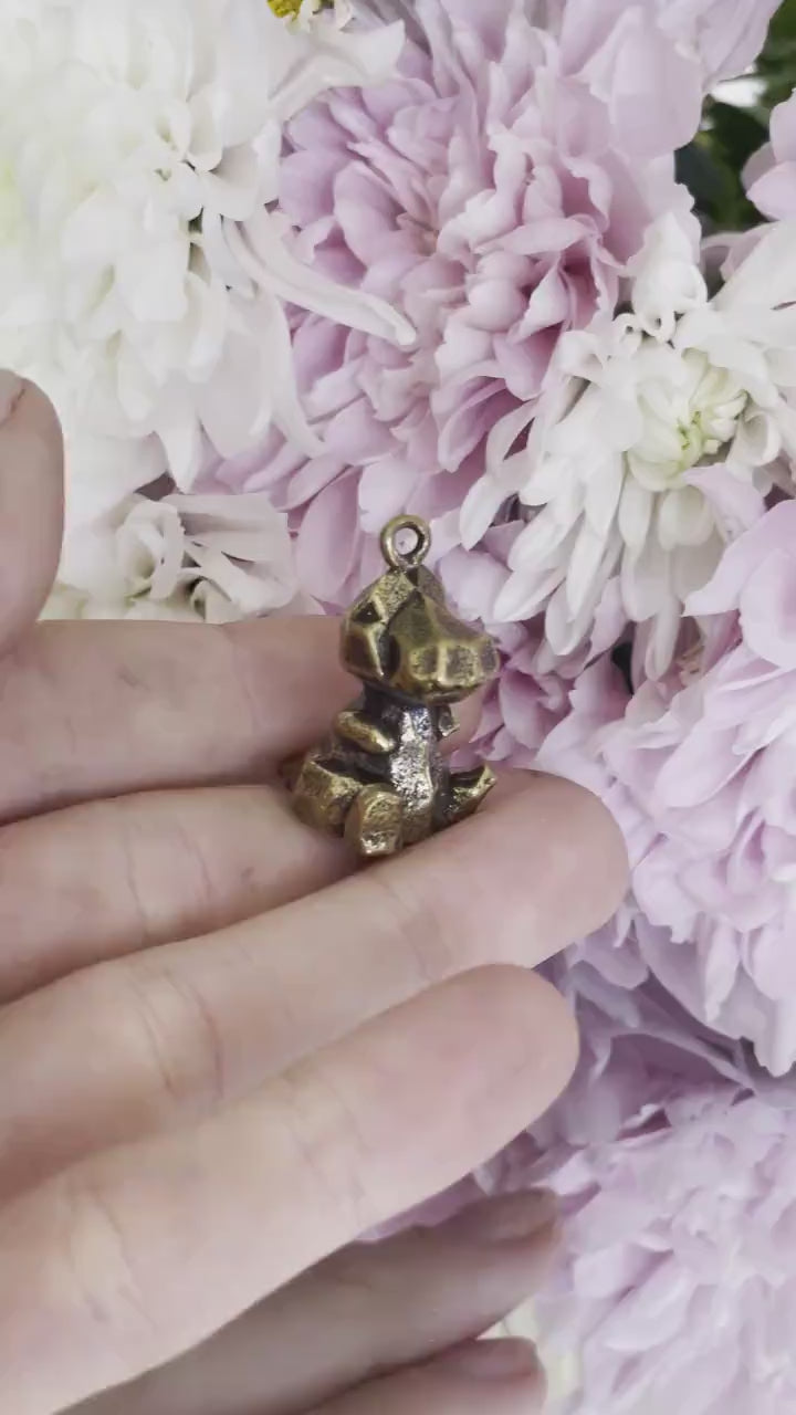 Little dino miniature, Creative design keychain, little figurine dinosaur, cube style toy, solid brass trinket, cute gift, stocking filler