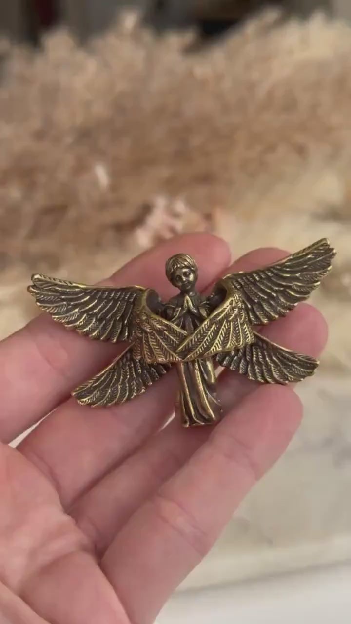 Solid brass Angel protector figurine, Guardian ornament, Brass angel with six wings figurine, Christmas gift, praying angel statue