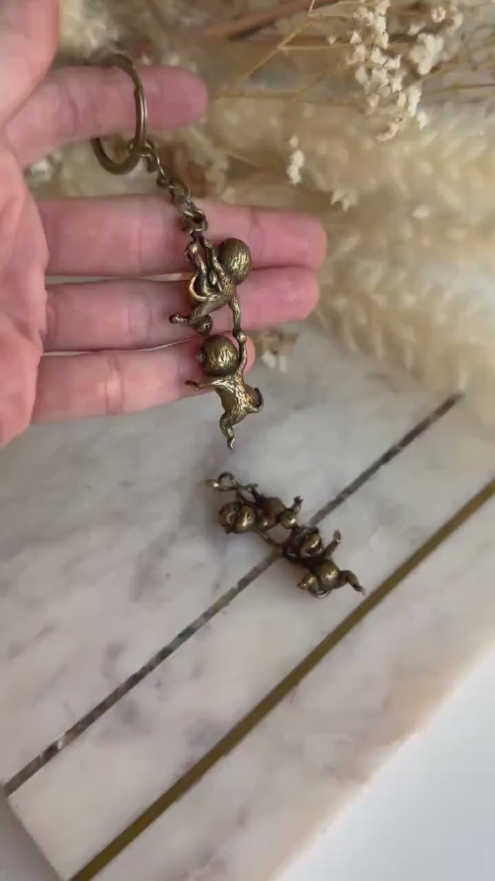Japanese Style Solid Brass Silly Monkeys Keychain – Two Monkeys Hanging Together – Playful Duo Figurine