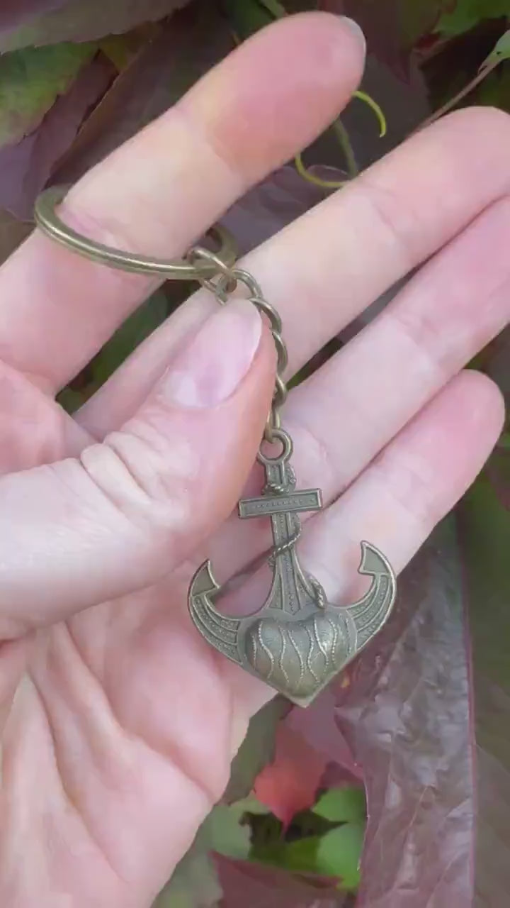 Brass Keychain with Sacred Heart Anchor Charm – Nautical Symbol of Love and Hope