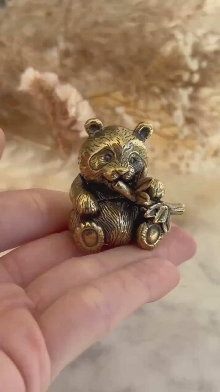 Endearing Baby Panda Eating Bamboo figurine, Solid brass adorable panda miniature, Panda with Bamboo sculpture, panda paperweight,