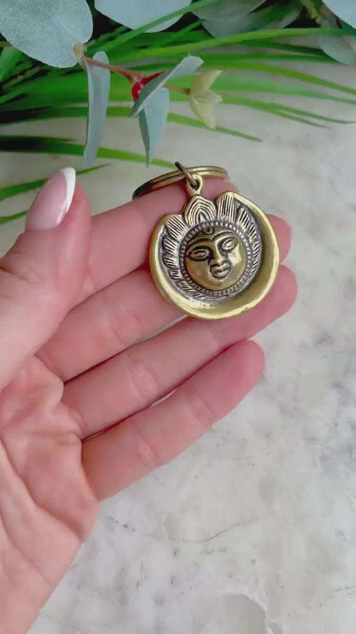 Solid brass Lotus Buddha Keychain, Sun Keyring, sun pendant, summer jewelery, nautical, brass keychain, sun lover gift