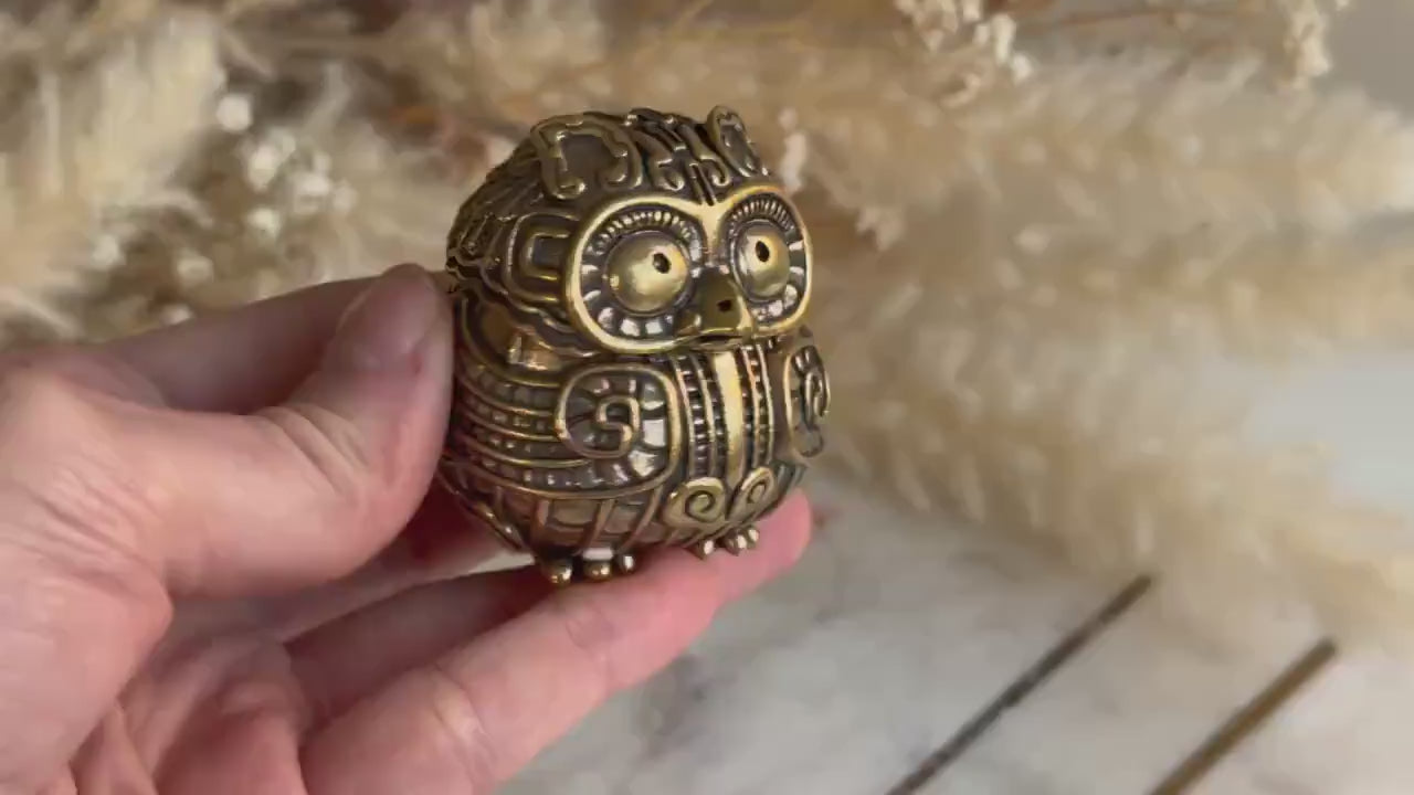 Ornate Solid Brass Owl Keepsake Box – Miniature Trinket Holder in Mystical Aztec Style