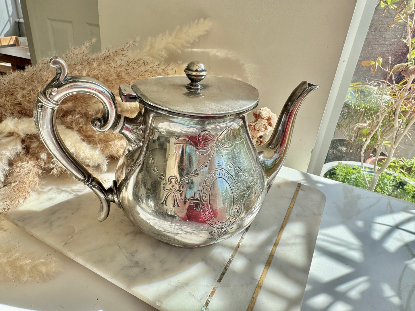 Vintage EPBM Silver Plated Teapot with Ribbon Engraving – English Teaware, 1950s