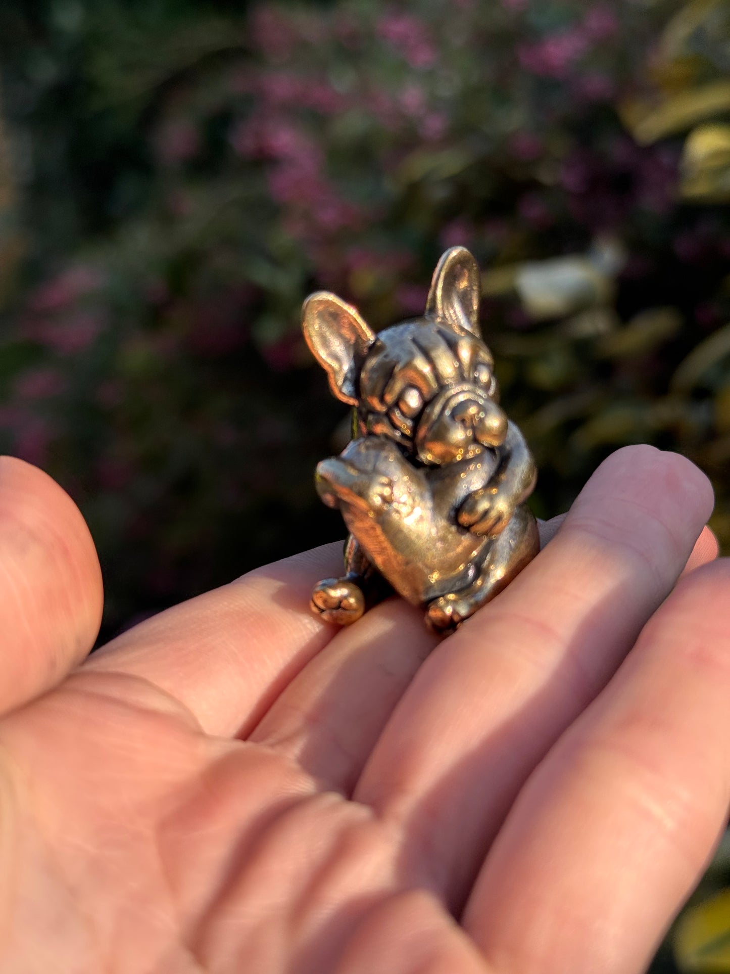 Solid Brass French Bulldog with Heart, Dog Figurine Symbolising Love