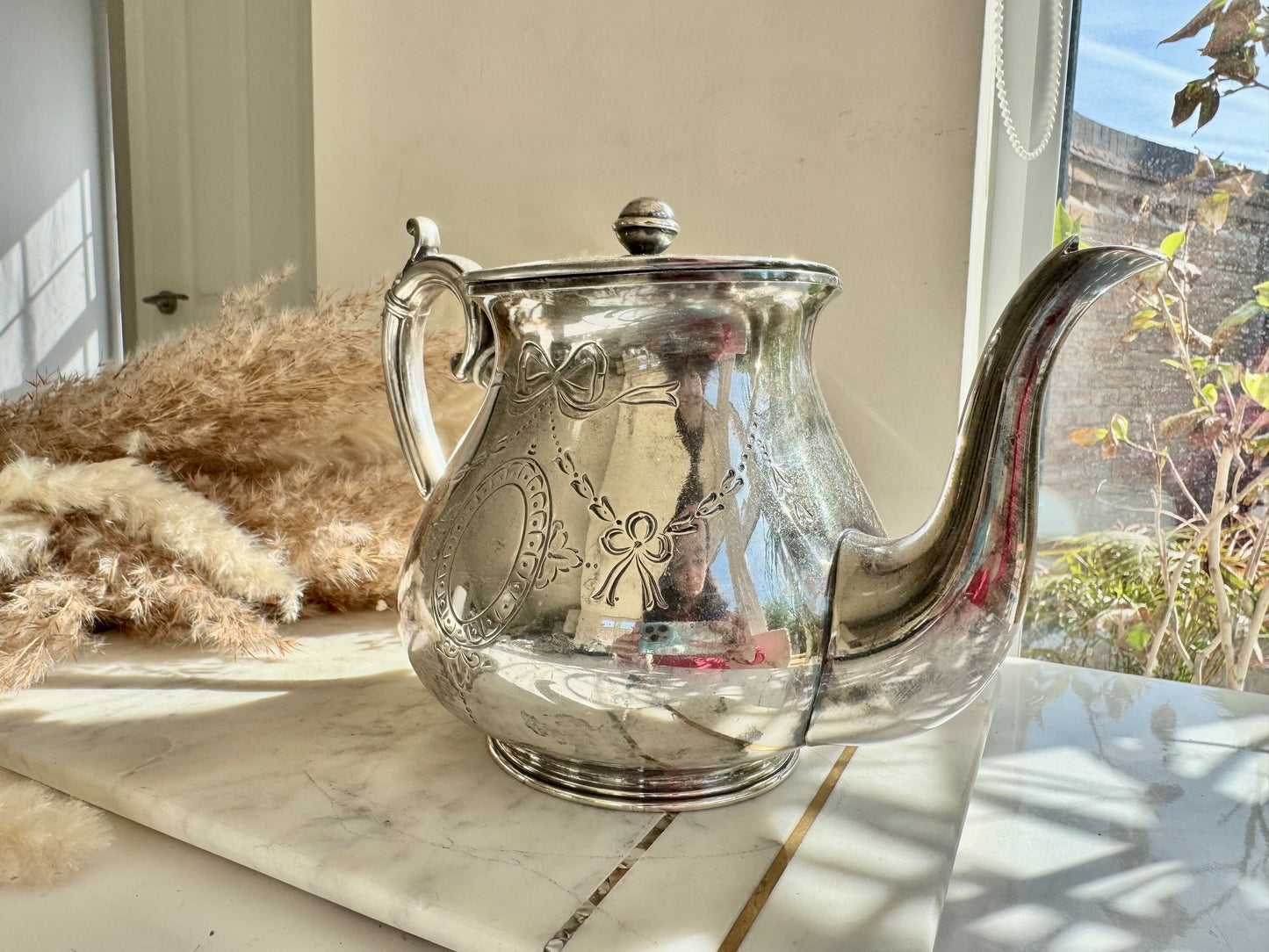 Vintage EPBM Silver Plated Teapot with Ribbon Engraving – English Teaware, 1950s