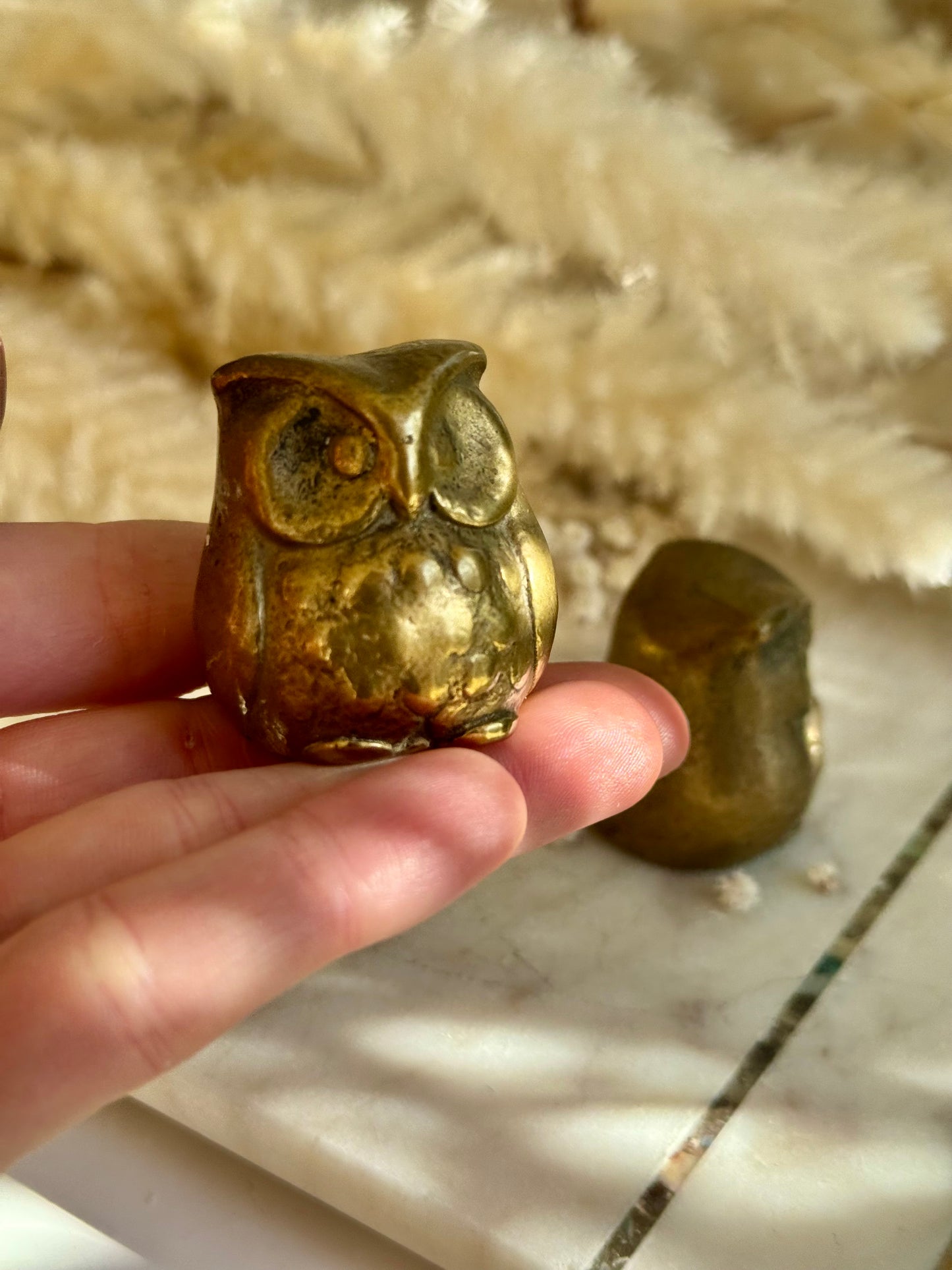 Pair of Vintage Solid Brass Owl Figurines – Mid-Century Miniature Animal Sculptures
