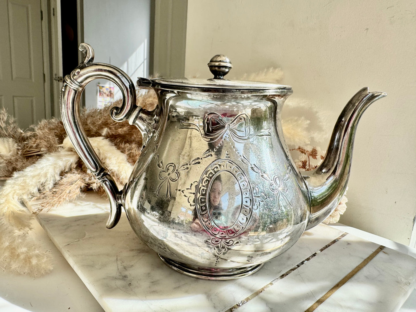 Vintage EPBM Silver Plated Teapot with Ribbon Engraving – English Teaware, 1950s