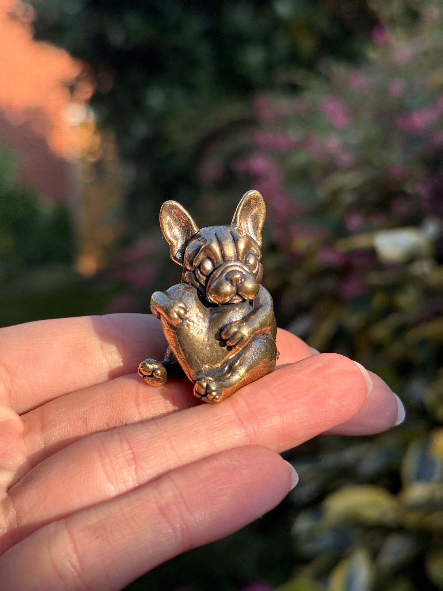 Solid Brass French Bulldog with Heart, Dog Figurine Symbolising Love