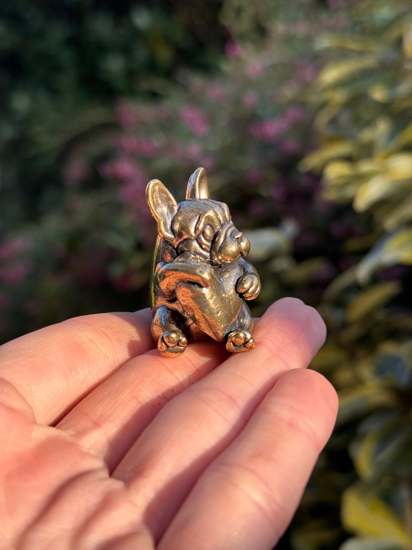 Solid Brass French Bulldog with Heart, Dog Figurine Symbolising Love