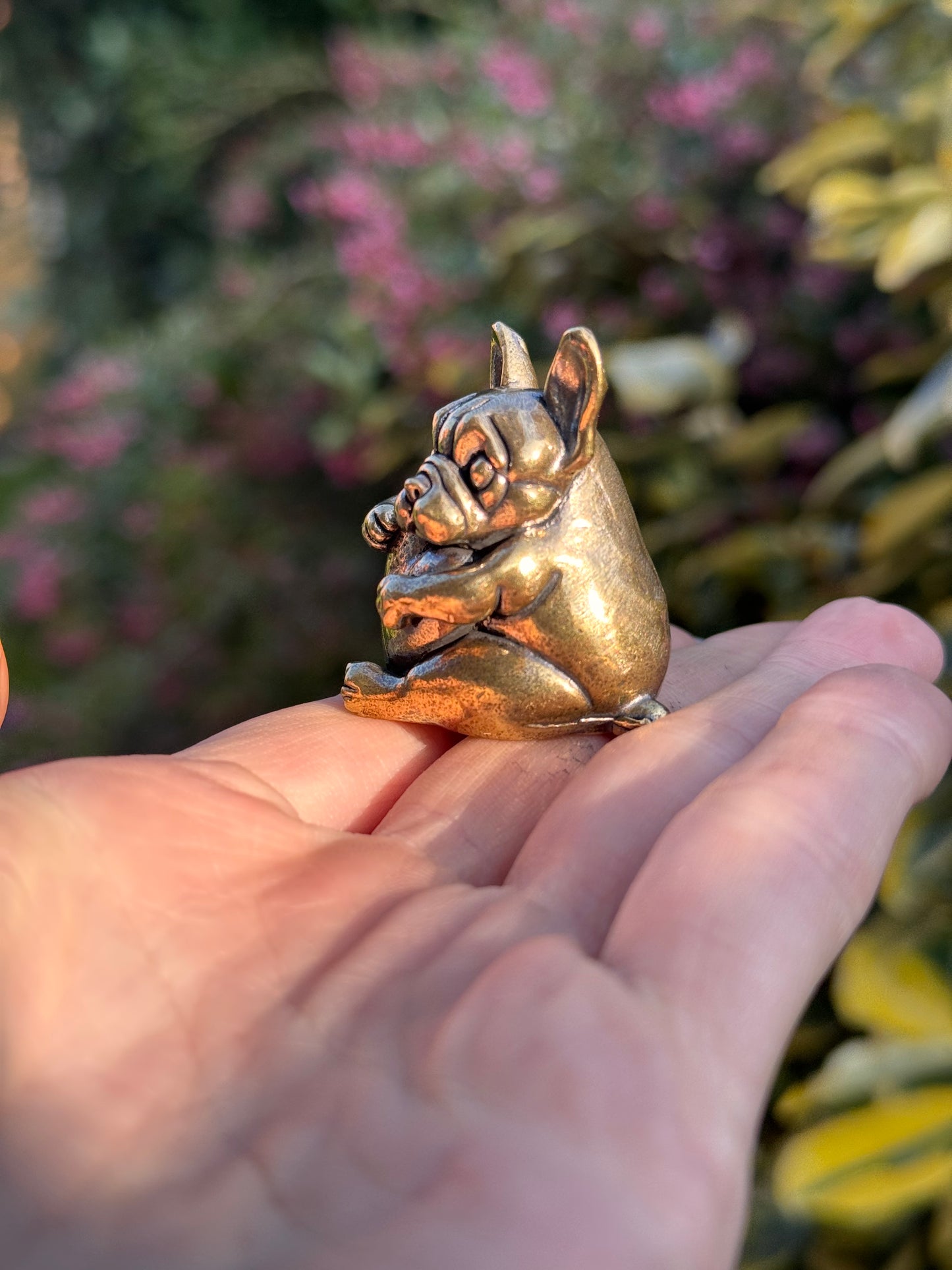 Solid Brass French Bulldog with Heart, Dog Figurine Symbolising Love