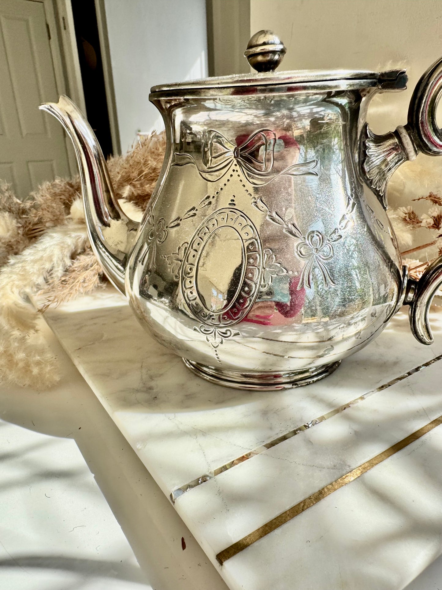 Vintage EPBM Silver Plated Teapot with Ribbon Engraving – English Teaware, 1950s