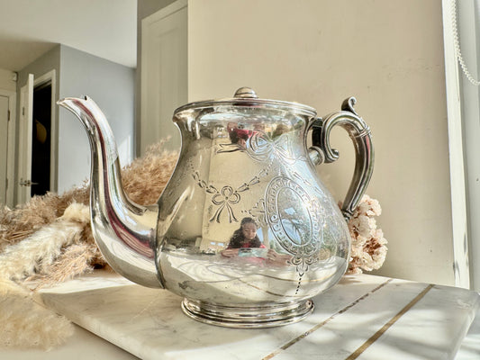 Vintage EPBM Silver Plated Teapot with Ribbon Engraving – English Teaware, 1950s