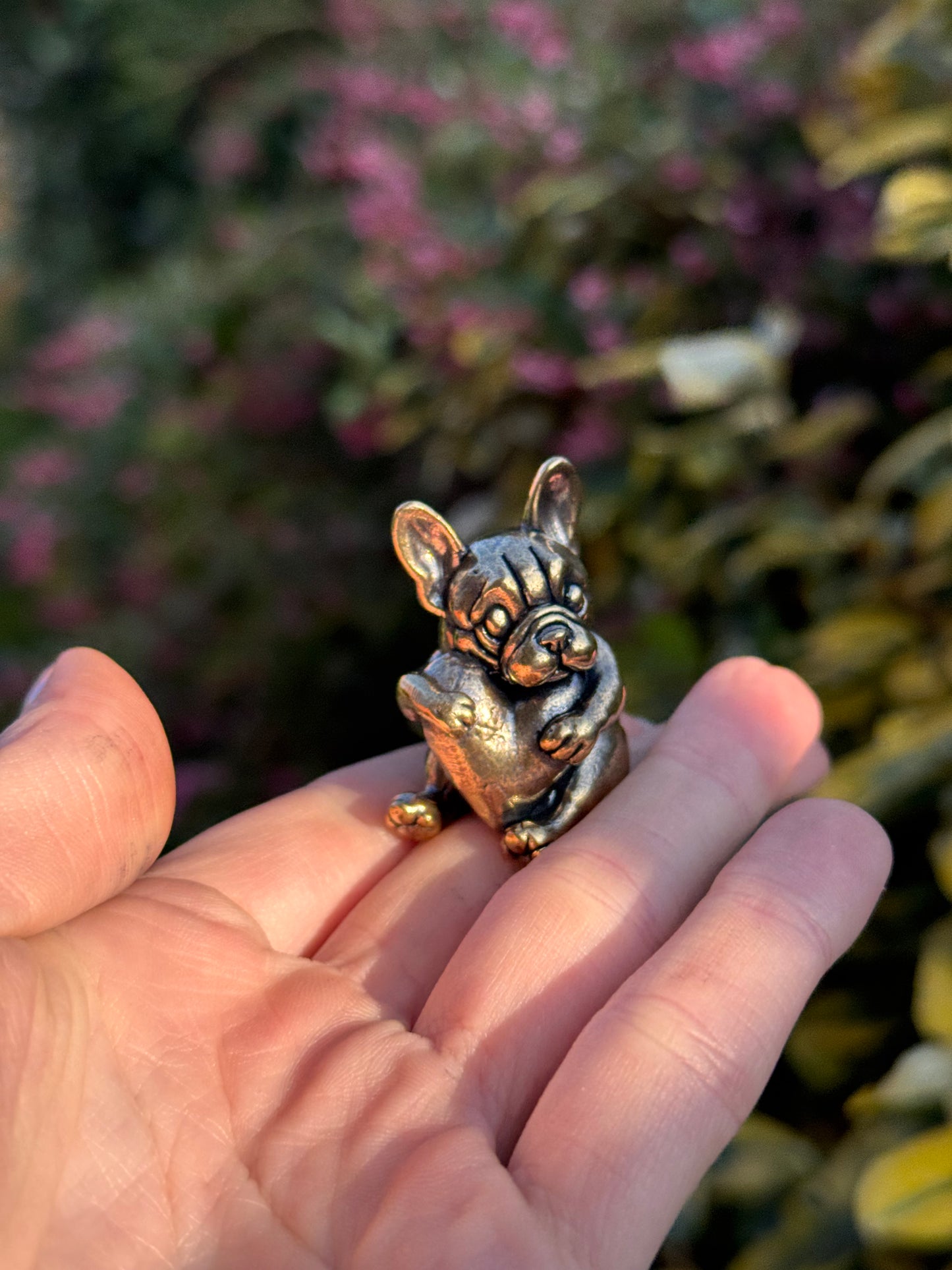Solid Brass French Bulldog with Heart, Dog Figurine Symbolising Love