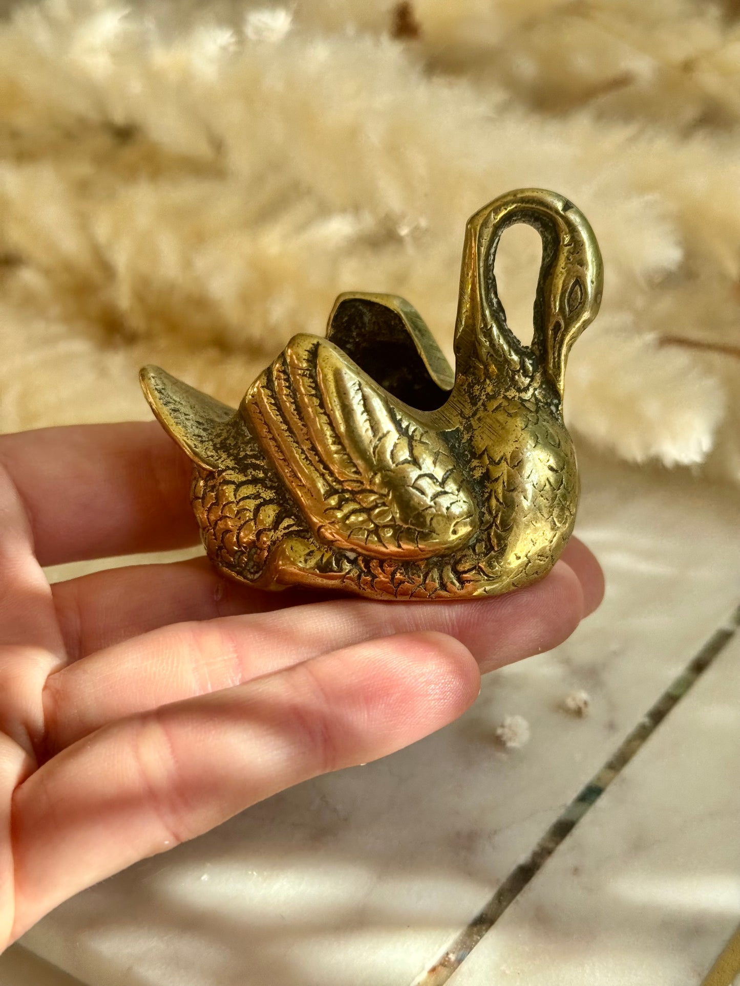 Miniature Brass Swan Match Strike Holder – Mid-Century English Decor