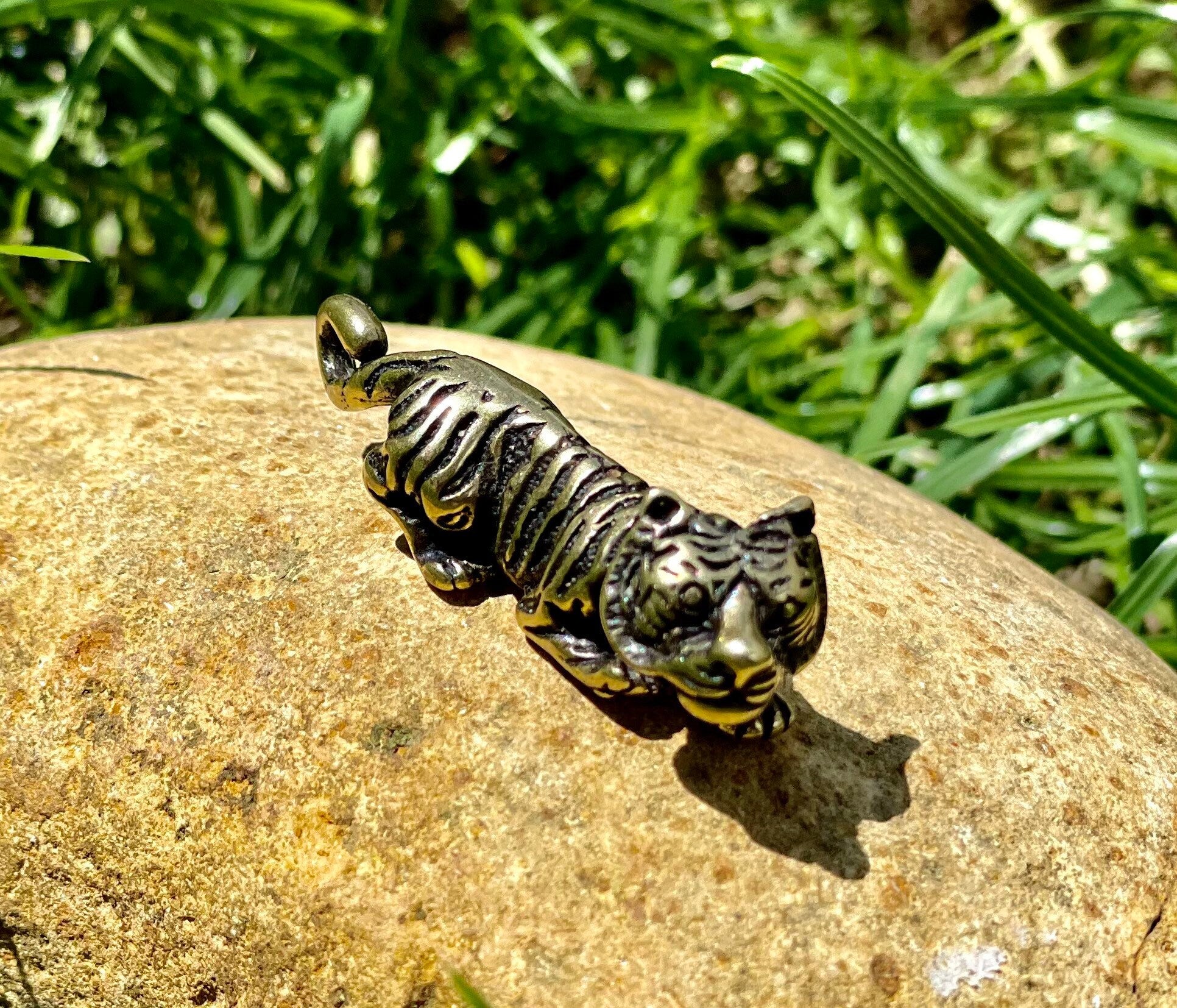 White Crouching tiger, Japanese style Tiger, Copper Small Good Luck Figurine, Creative Gift, Metal tiger keychain