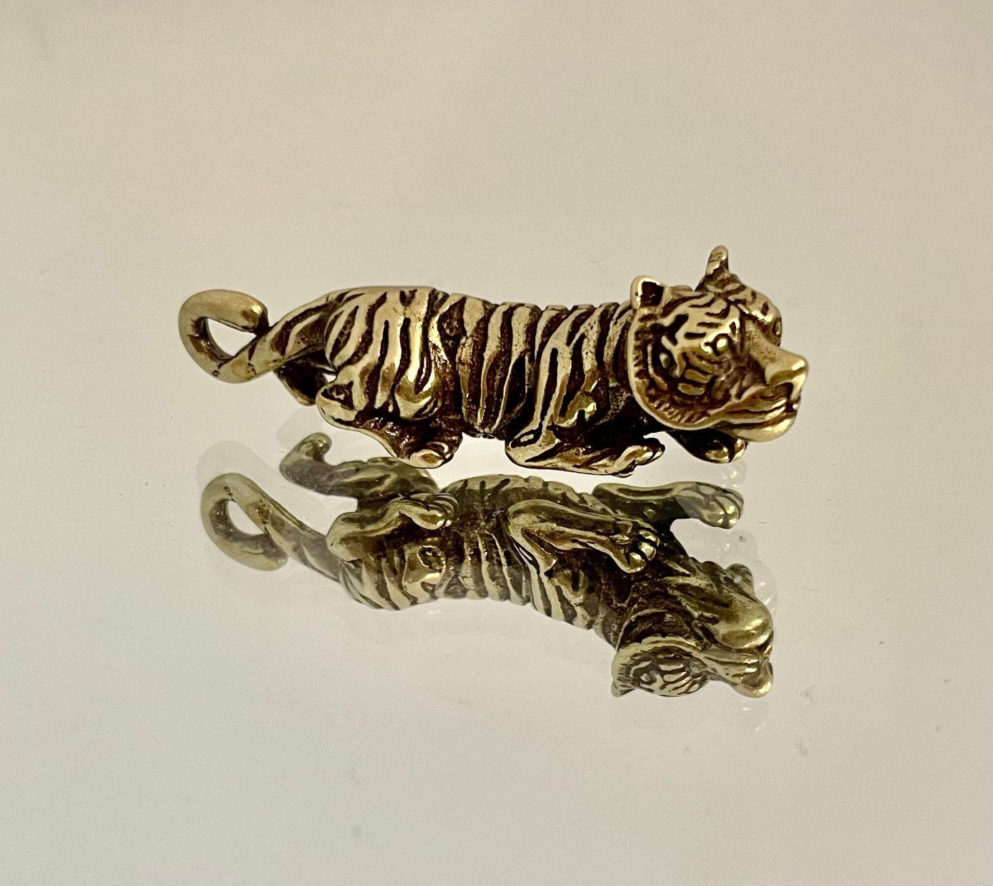 White Crouching tiger, Japanese style Tiger, Copper Small Good Luck Figurine, Creative Gift, Metal tiger keychain