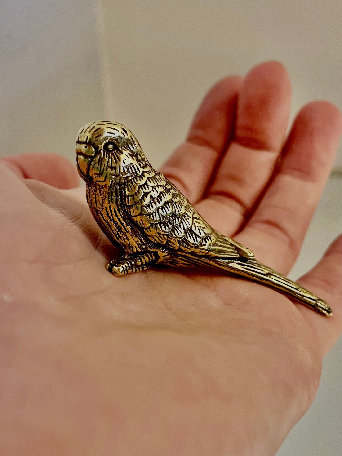 Budgerigar figurine, lifelike fine solid brass sculpture, Parakeet statuette, Parrot decor, gift for bird lovers, ornament for desktop