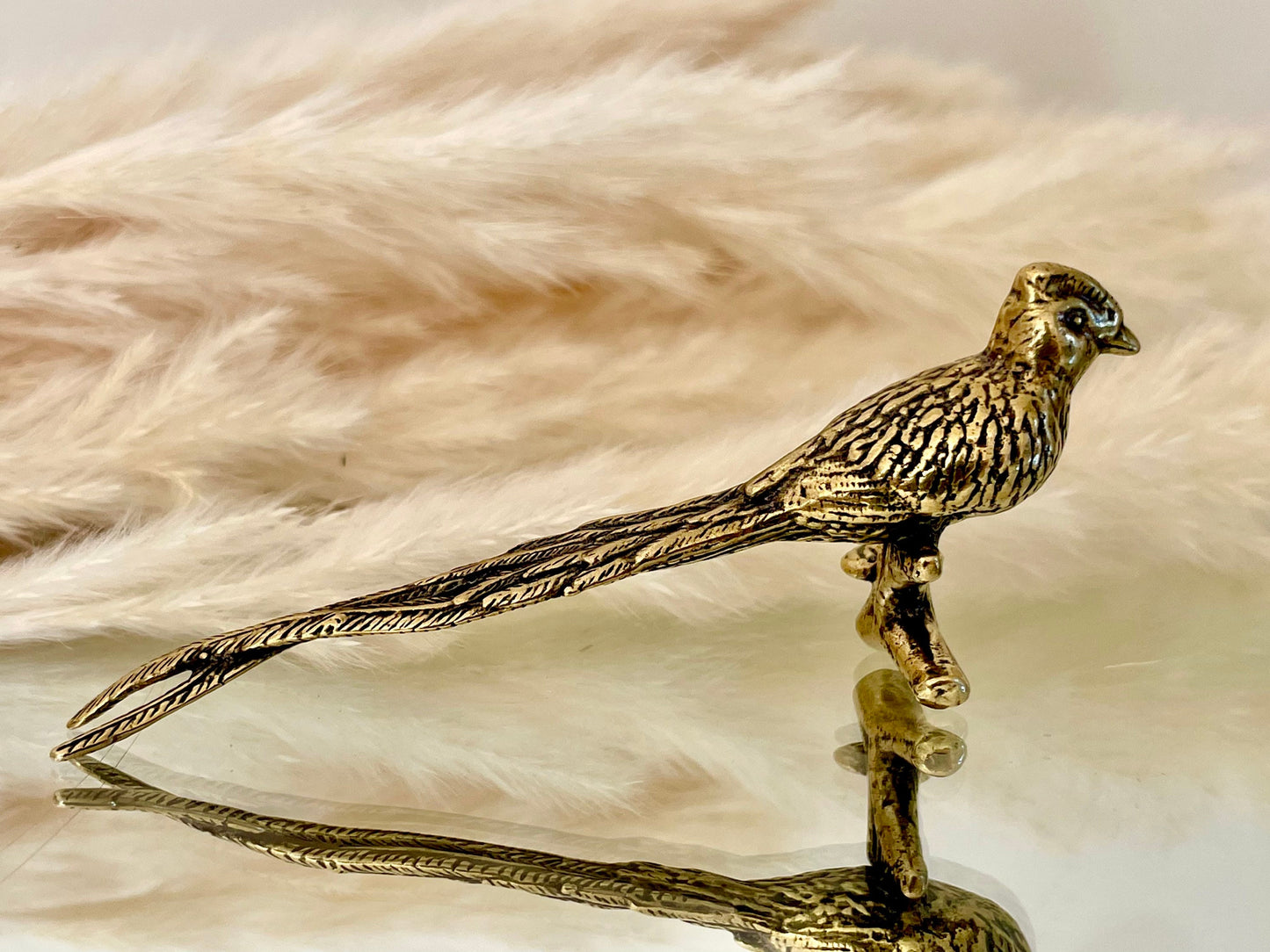 brass pheasant statue, bird of paradise art deco, home decor, coffee table vanity, bird lovers gift