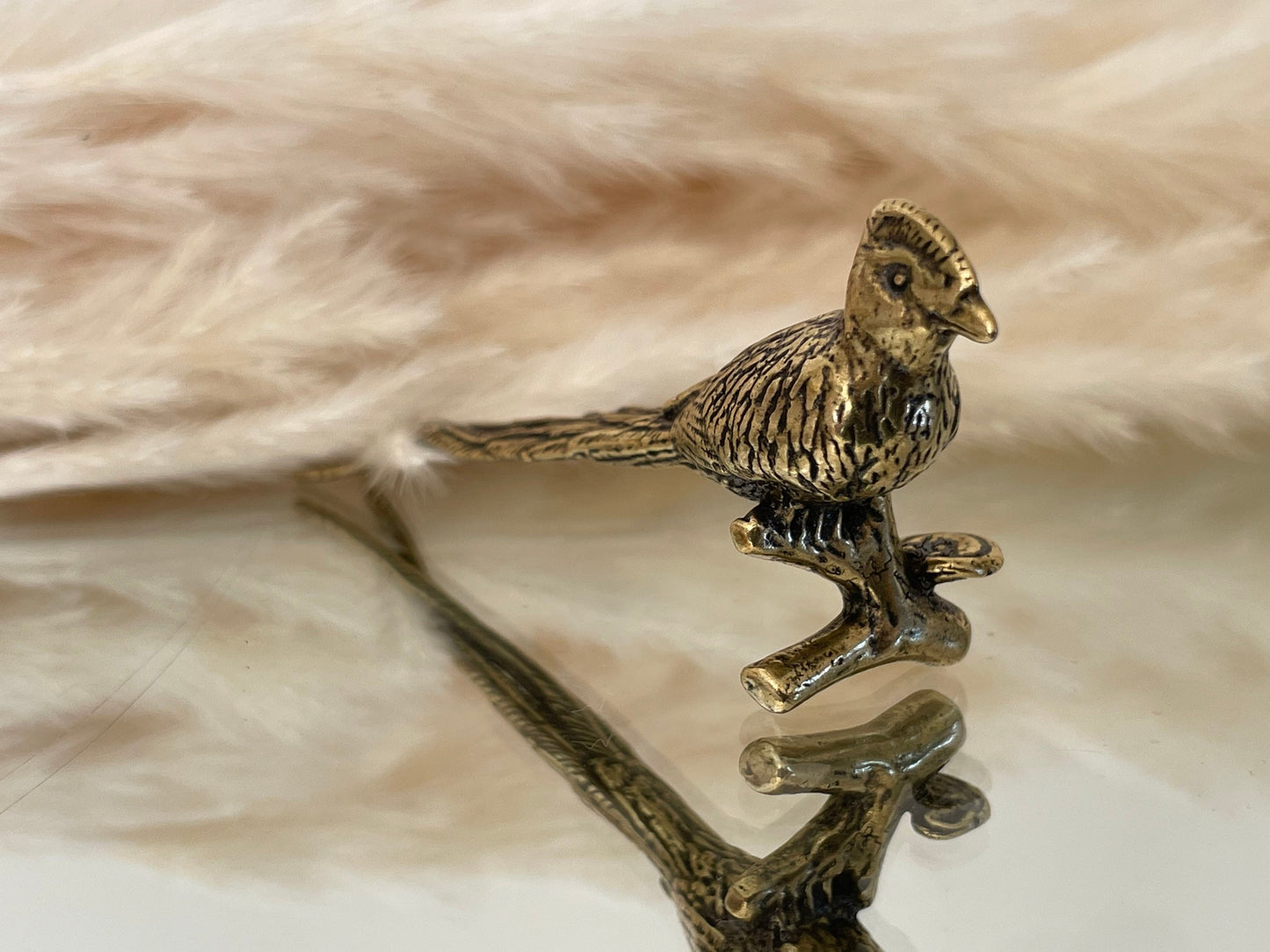 brass pheasant statue, bird of paradise art deco, home decor, coffee table vanity, bird lovers gift