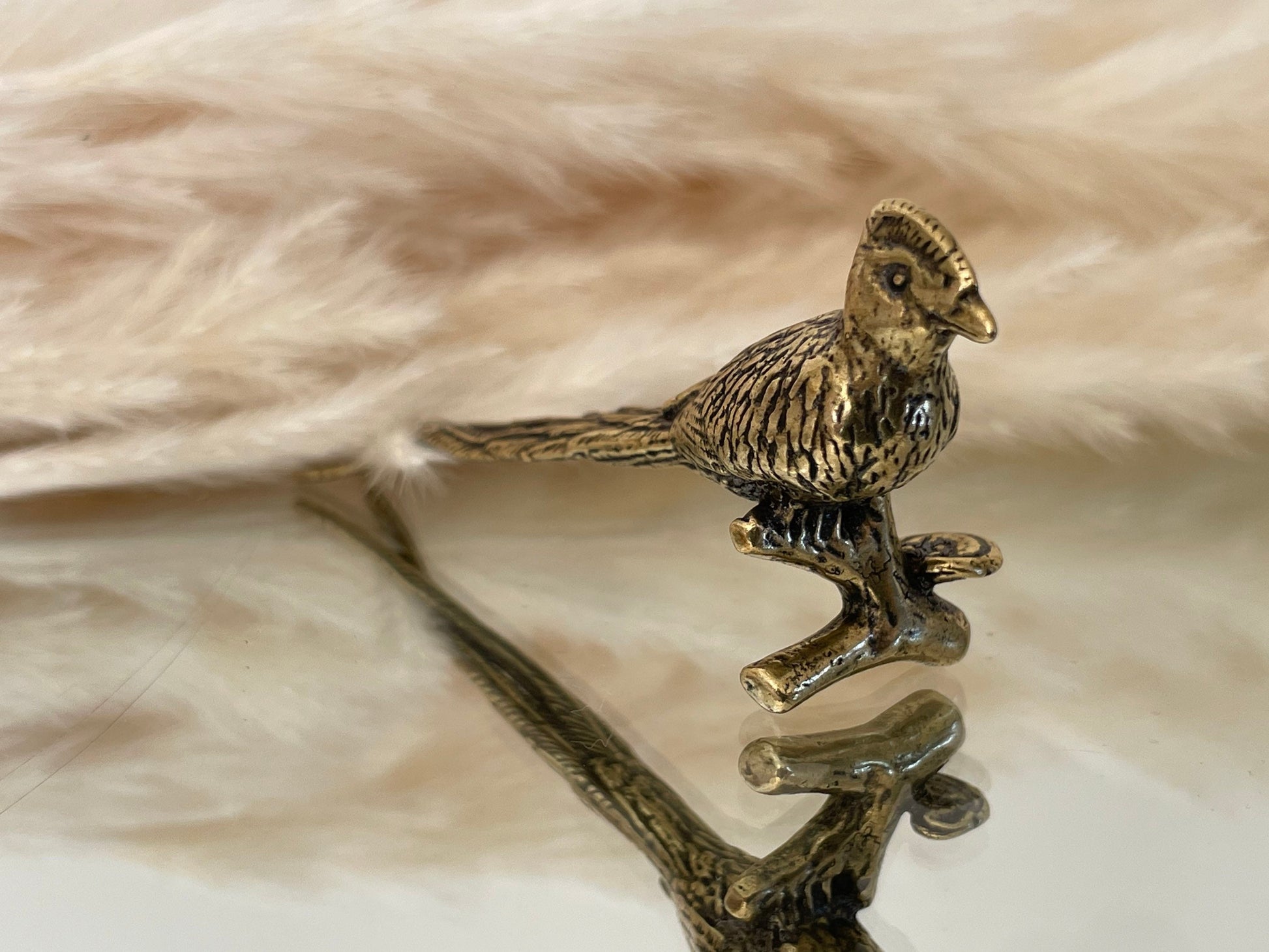 brass pheasant statue, bird of paradise art deco, home decor, coffee table vanity, bird lovers gift