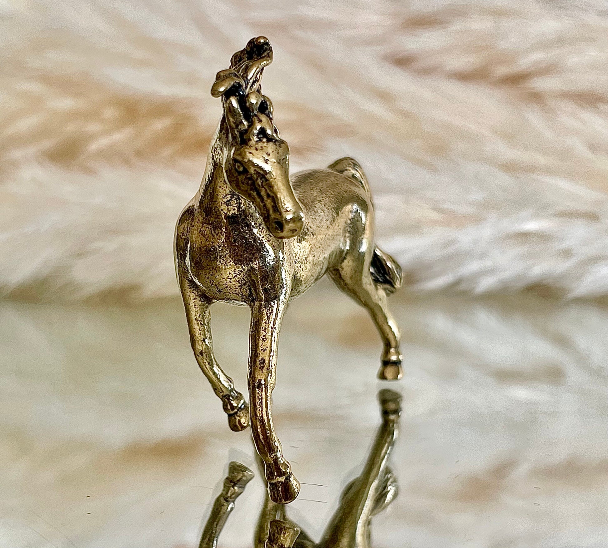 Wild horse statuette, Galloping mustang, Stallion statue, Lifelike solid brass figurine, Desktop ornament