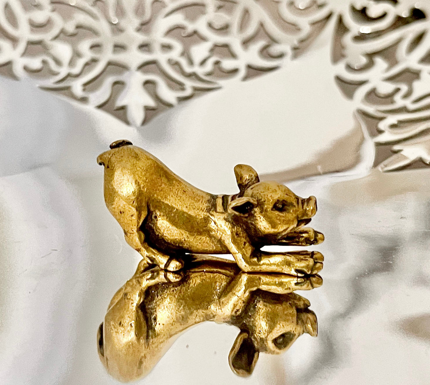 Happy little piglet fine workmanship solid brass miniature, lost wax casting, pig figurine, cute little animal sculpture