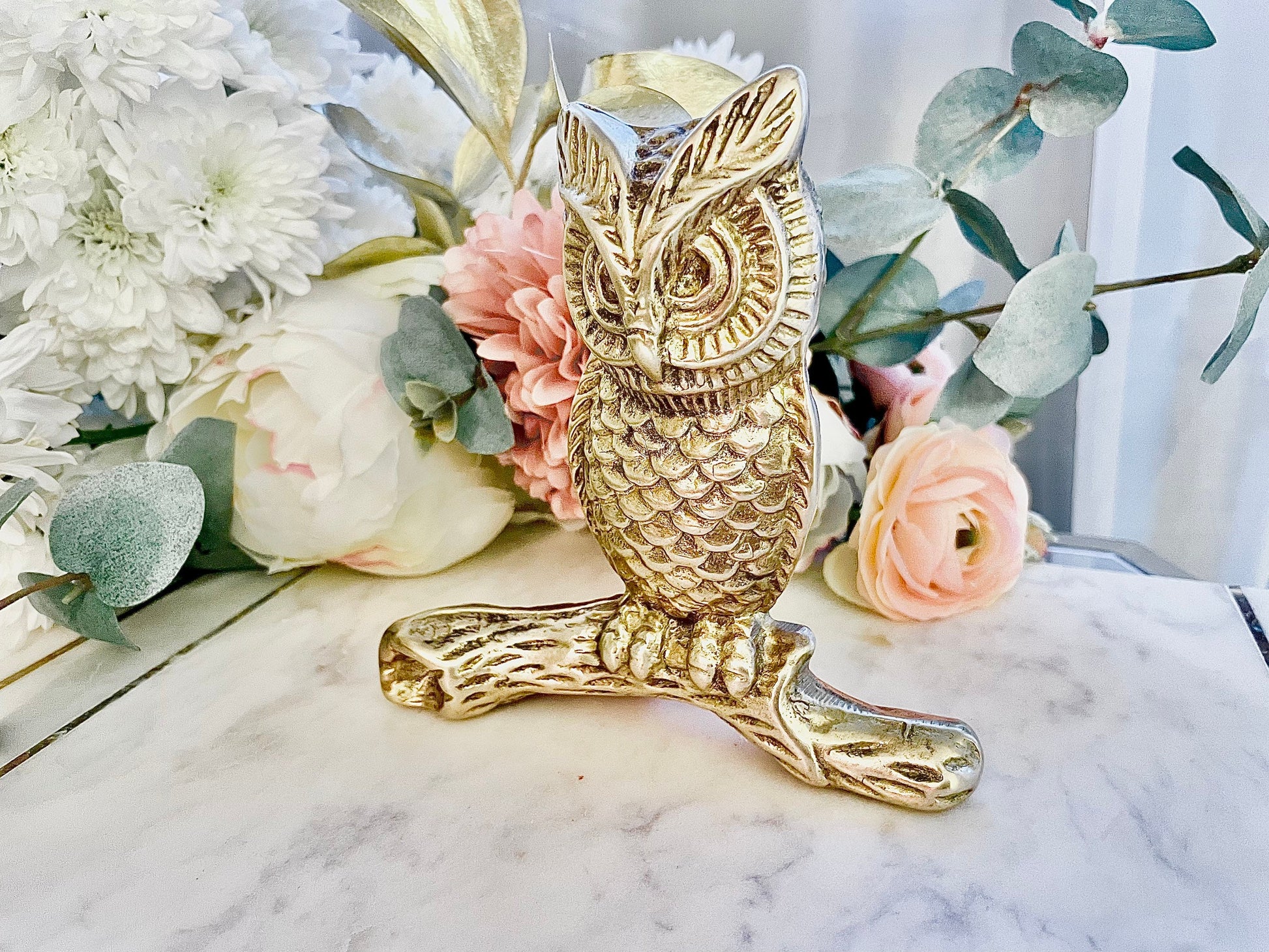 Set of three Vintage Brass Owls: Brass Sculpture of an Owl on a Branch, Table Centerpiece, Bird Figurine, collectible vintage birds