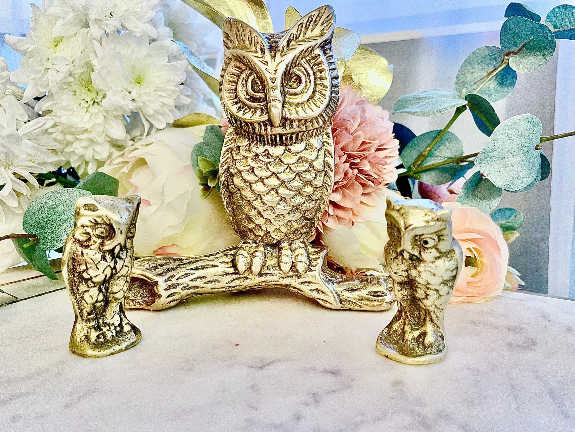Set of three Vintage Brass Owls: Brass Sculpture of an Owl on a Branch, Table Centerpiece, Bird Figurine, collectible vintage birds