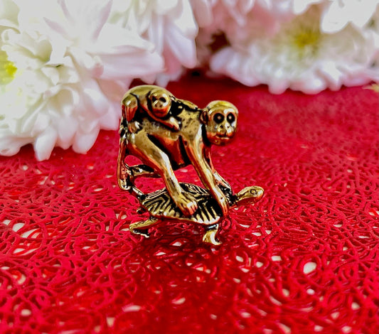 Solid Brass Monkey on Tortoise miniature, Tiny monkeys figurines, Adorable little gift, monkey pedant