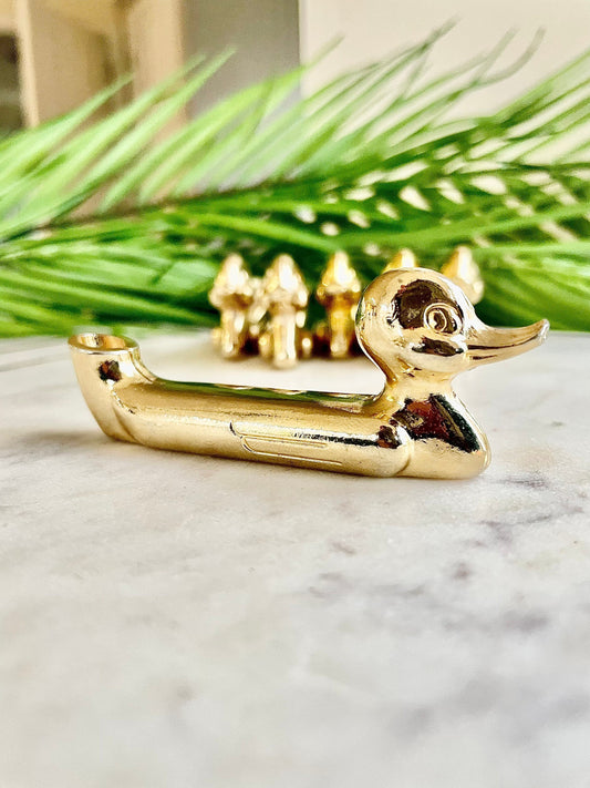 Vintage Set of 6 Privilege knife rests card holders, Ducks French Knife layers, Golden color cutlery rests, Mid Century deco, duckers knife