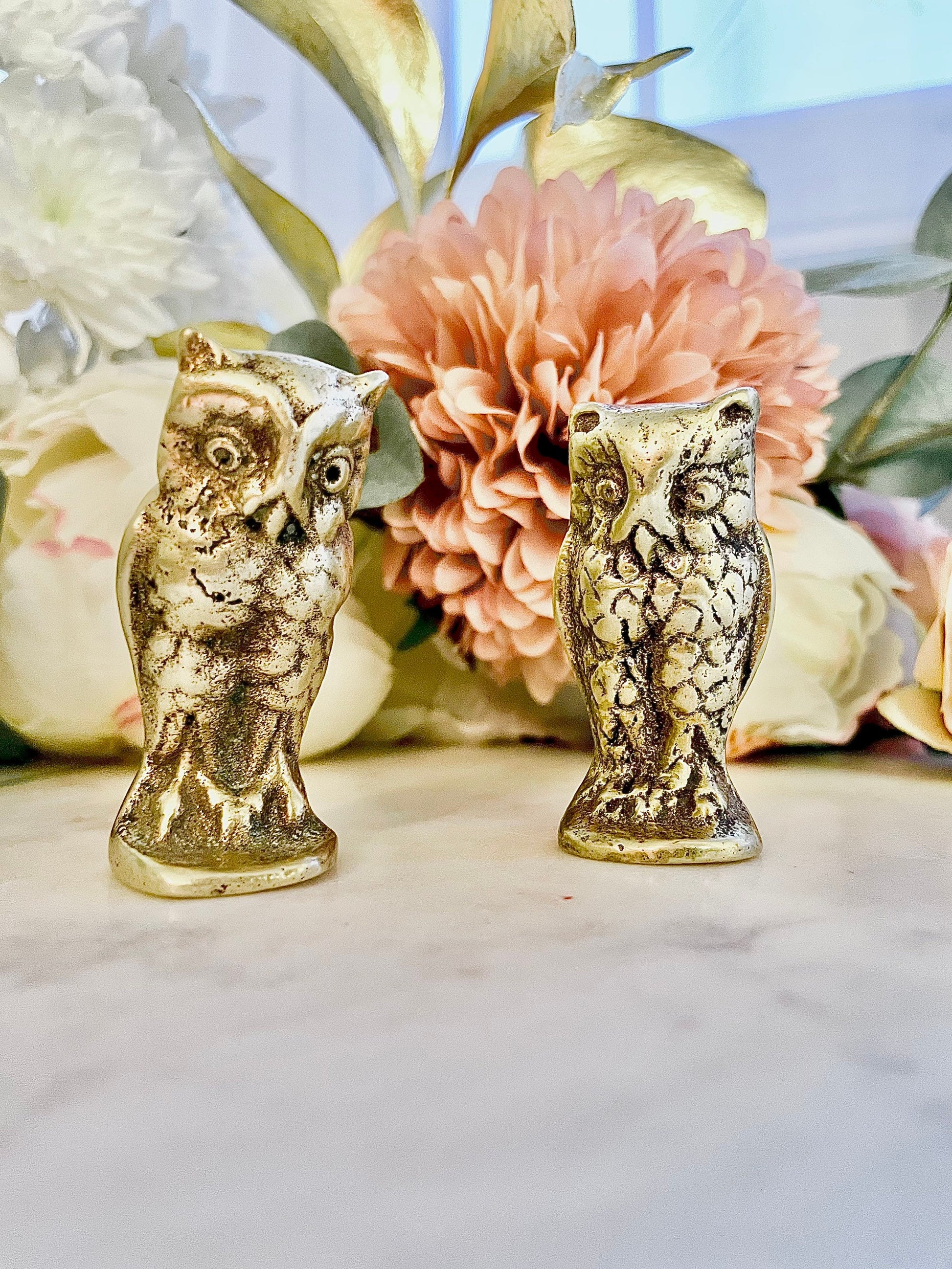 Set of three Vintage Brass Owls: Brass Sculpture of an Owl on a Branch, Table Centerpiece, Bird Figurine, collectible vintage birds
