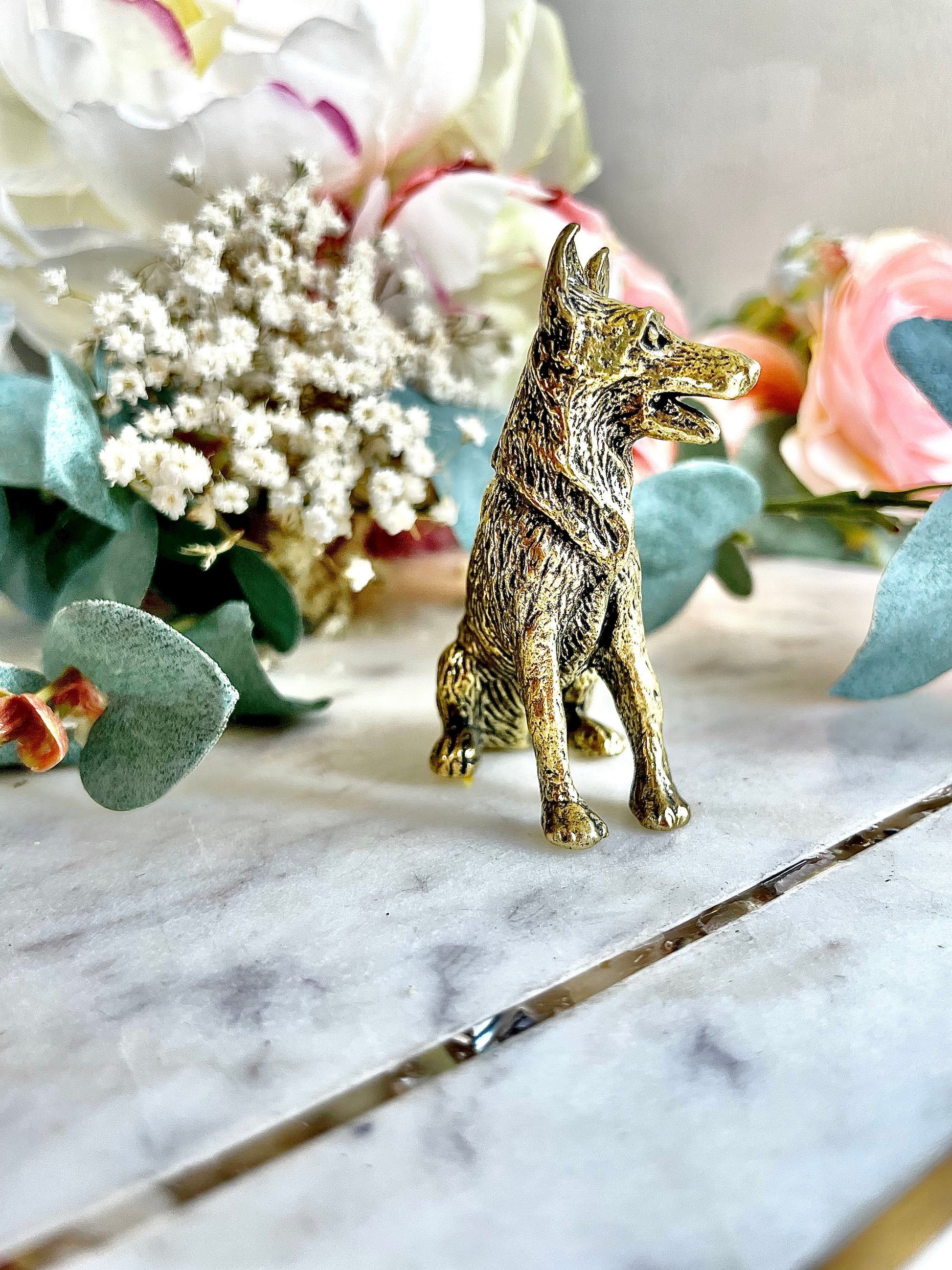 Solid brass German Shepherd dog figurine Tiny Retro animal, Good Luck Housewarming