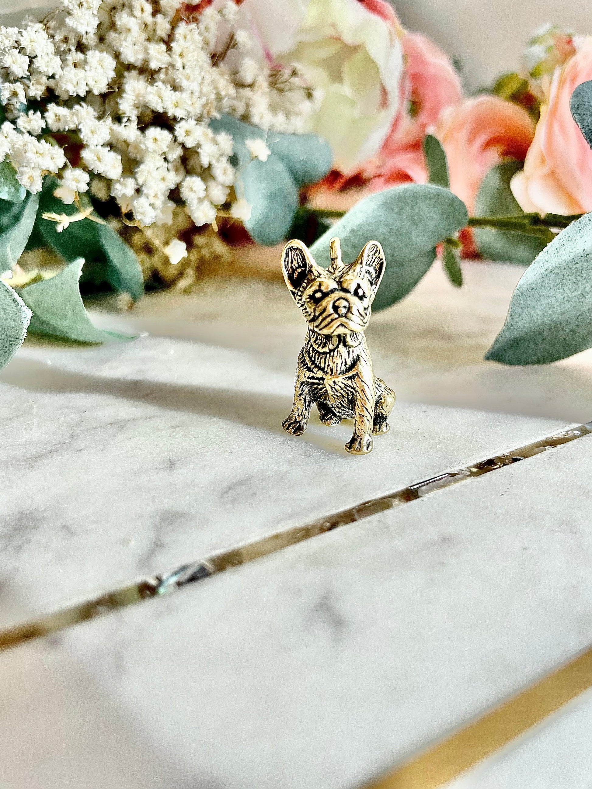 Solid brass French Bull dog Figurine, Metal bulldog Statuette, Bull Dog Miniatures, Bull dog pendant keychain, dog charm
