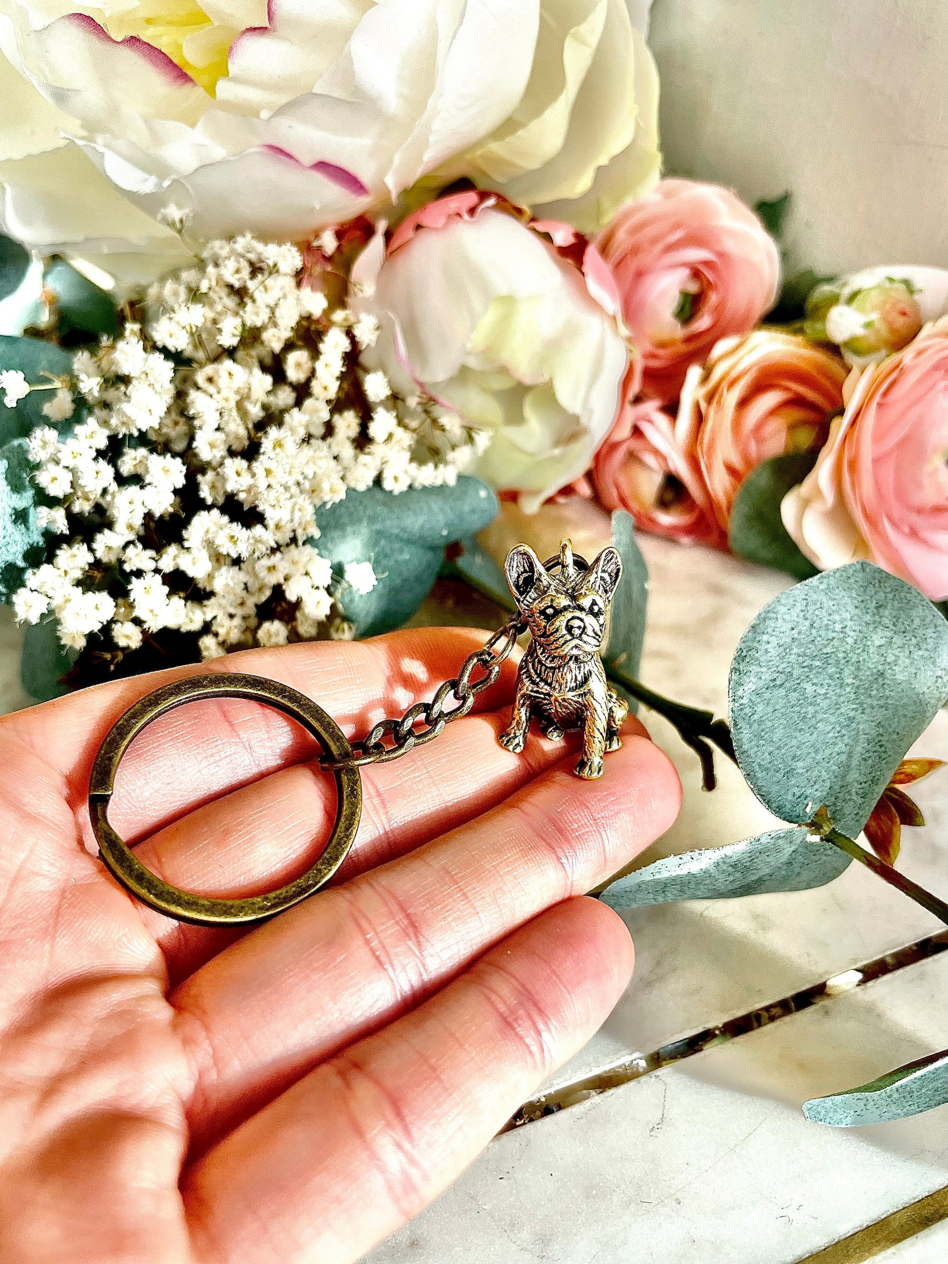 Solid brass French Bull dog Figurine, Metal bulldog Statuette, Bull Dog Miniatures, Bull dog pendant keychain, dog charm