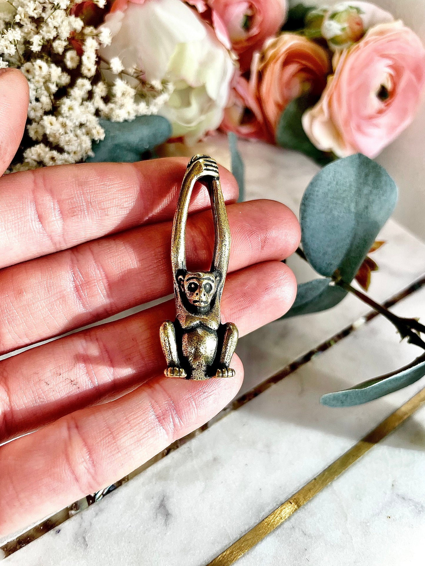 Solid Brass funny monkey figurine ,animal figurine pendant, Cute Gibbon Monkey with Arms Stretched Up Hand