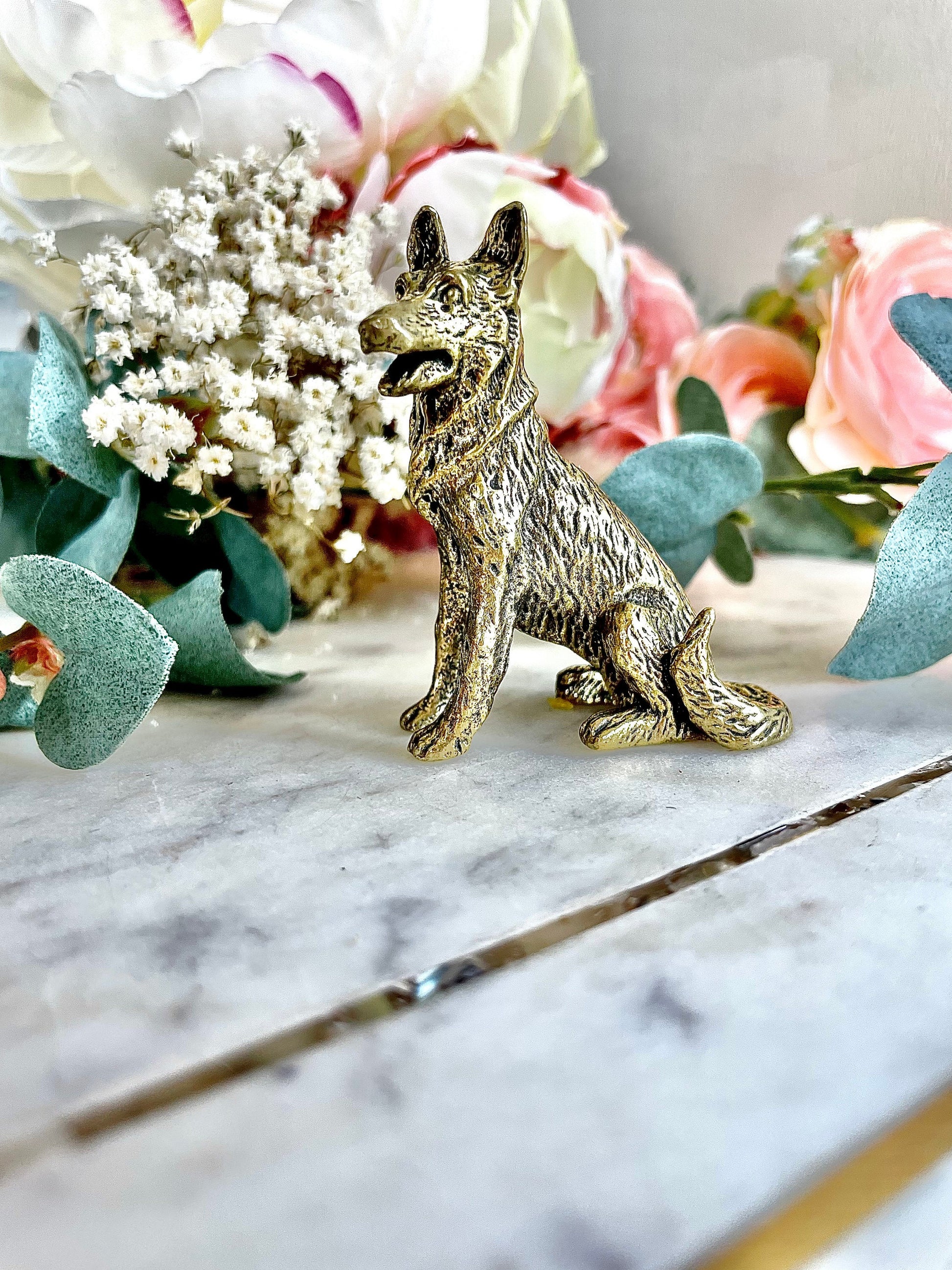 Solid brass German Shepherd dog figurine Tiny Retro animal, Good Luck Housewarming