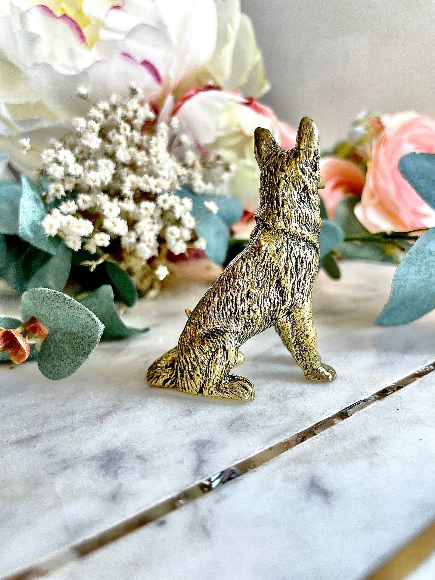 Solid brass German Shepherd dog figurine Tiny Retro animal, Good Luck Housewarming