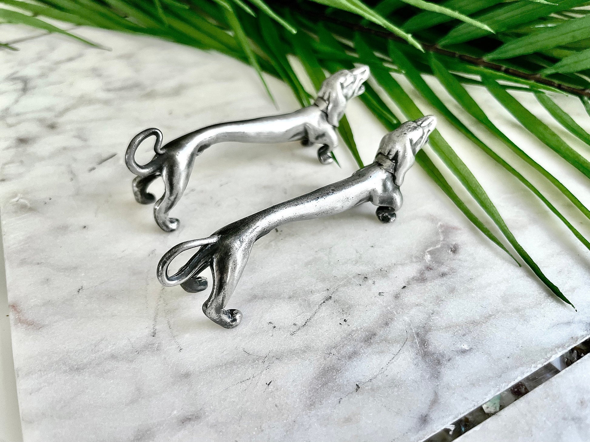 Vintage Pair Of Novelty Silver Plated modelled as barking Dachshund Dog Knife Rests, sausage Dog Cutlery rests
