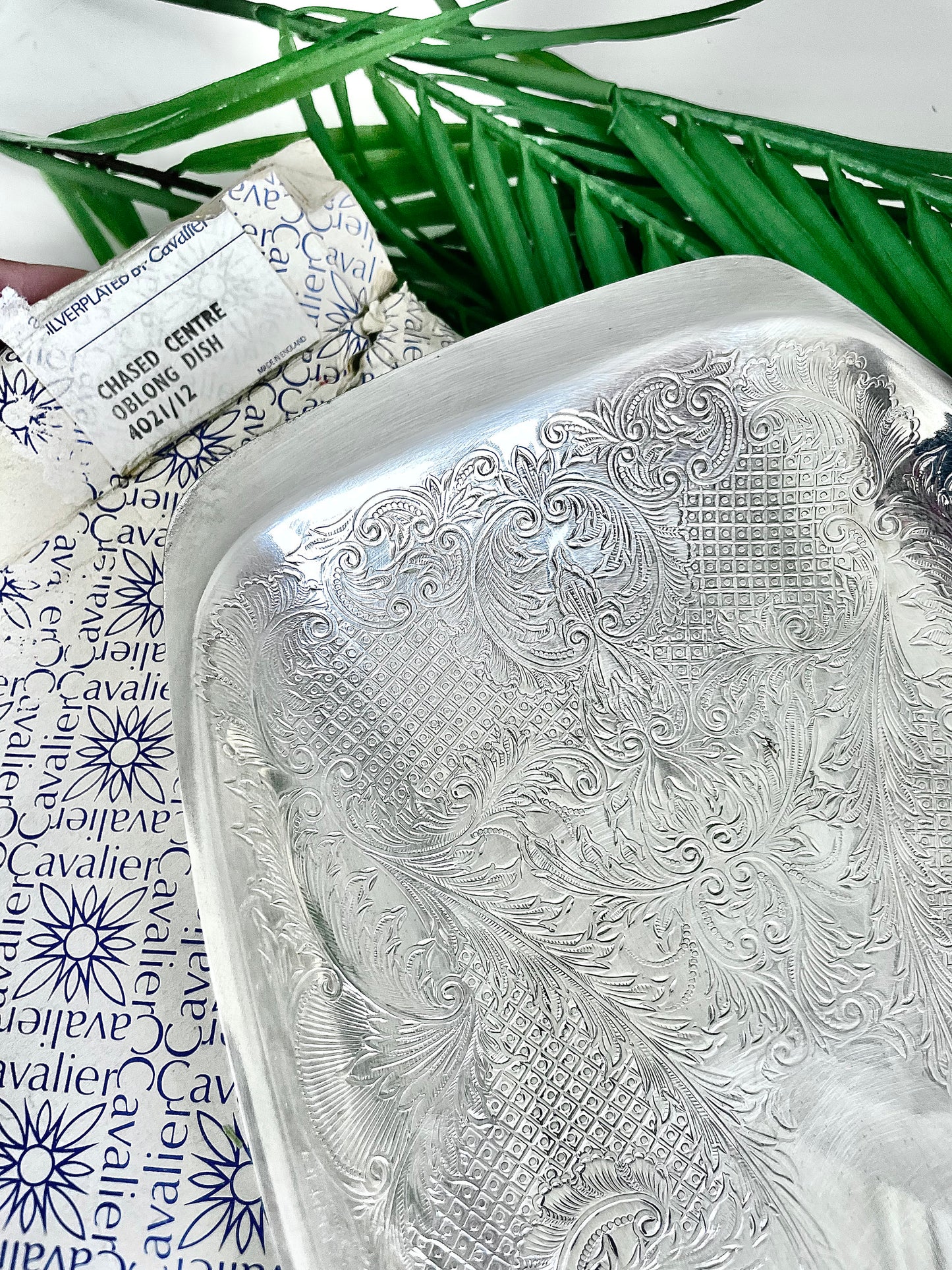 Vintage Silver Plated Cavalier Serving Tray, Chased Centre Oblong Dish 4021/12 Made in England