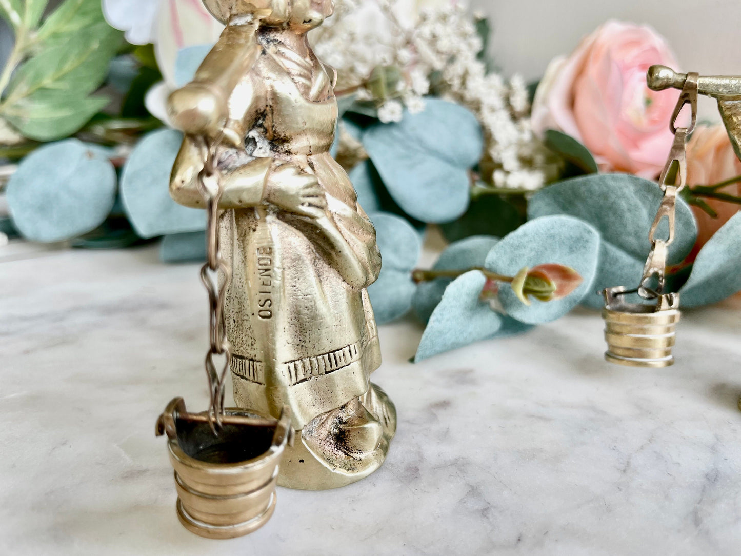 Vintage solid brass Pair of Dutch lady farmer and Milk Carrier, Beautiful old fashioned statuette, Collectible pieces marked as Ostende