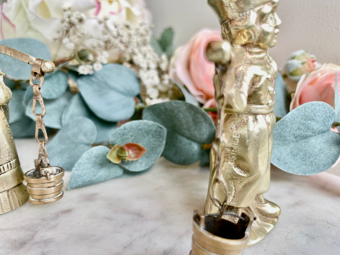 Vintage solid brass Pair of Dutch lady farmer and Milk Carrier, Beautiful old fashioned statuette, Collectible pieces marked as Ostende