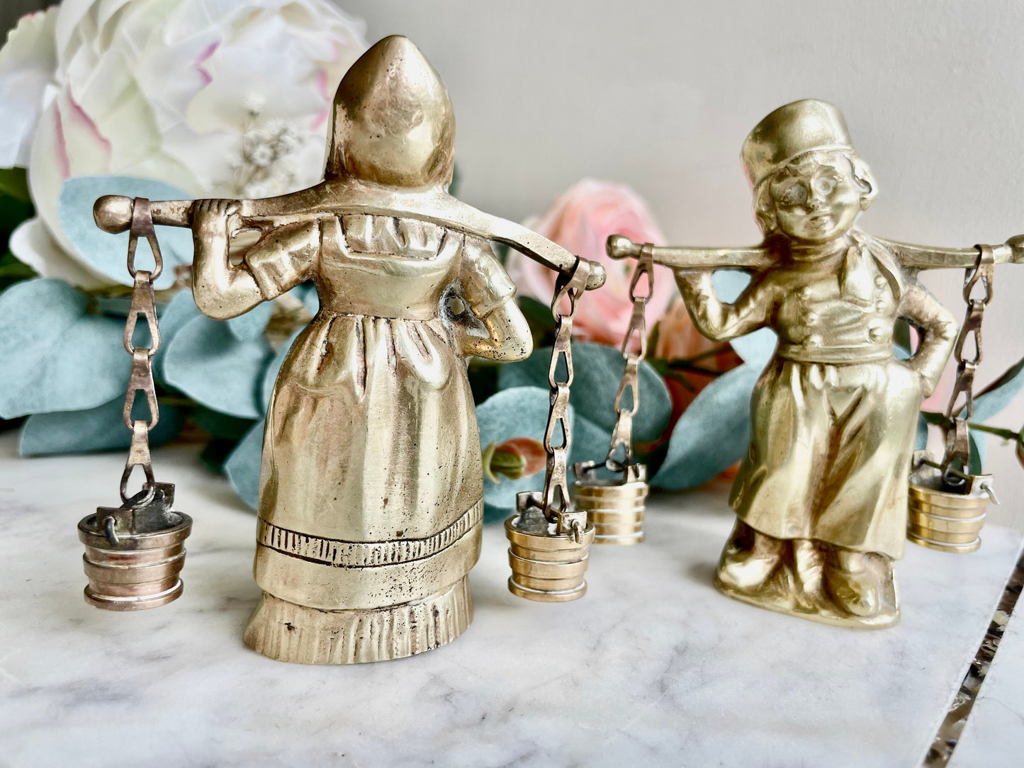 Vintage solid brass Pair of Dutch lady farmer and Milk Carrier, Beautiful old fashioned statuette, Collectible pieces marked as Ostende
