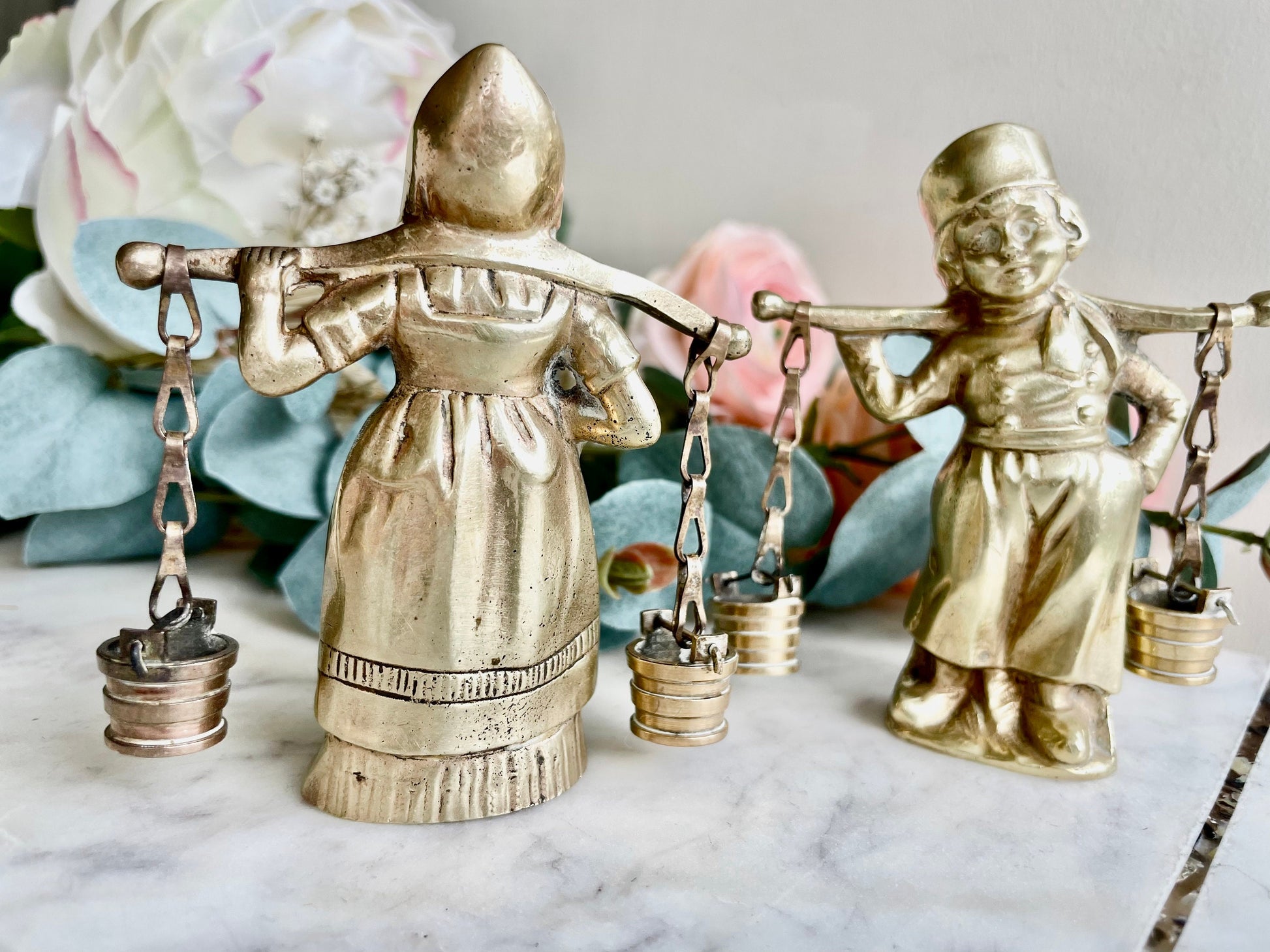 Vintage solid brass Pair of Dutch lady farmer and Milk Carrier, Beautiful old fashioned statuette, Collectible pieces marked as Ostende