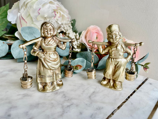 Vintage solid brass Pair of Dutch lady farmer and Milk Carrier, Beautiful old fashioned statuette, Collectible pieces marked as Ostende
